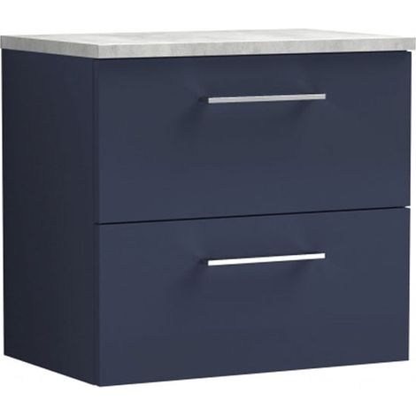Nuie Arno Wall Hung 2-Drawer Vanity Unit with Bellato Grey Worktop 600mm Wide - Midnight Blue (1/4)