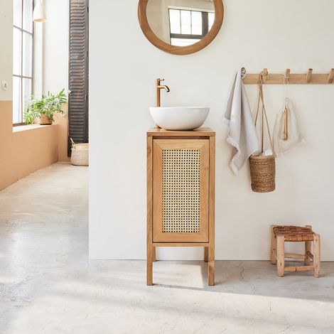Berah Getah – Lave-main en teck massif 35 cm – Porte en cannage élégant – Meuble de salle de bain compact – Montage livré monté (1/5)