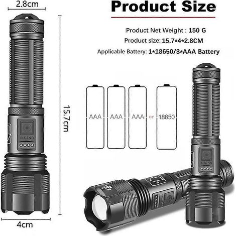 Lampe torche LED ultra puissante, lampe torche rechargeable et étanche (1/3)