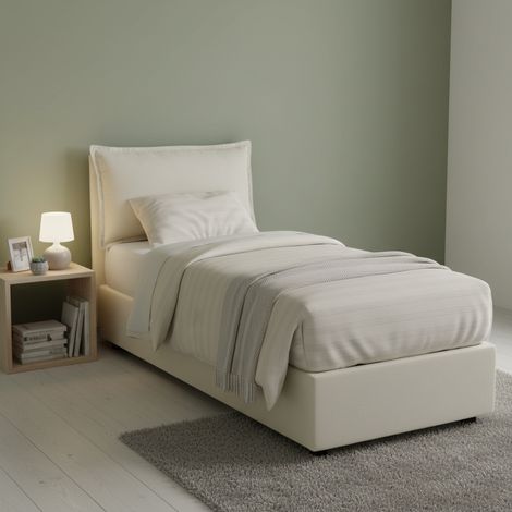 Talamo Italia - Letto singolo Ancara, Letto contenitore con rivestimento in tessuto, 100% Made in Italy, Apertura frontale, con materasso Cm 80x200 incluso, Beige (1/5)