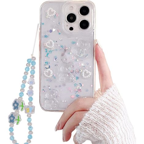 Custodia per iPhone 12 Pro con orsetto glitterato 3D, antiurto, trasparente e scintillante, con cordino per ciondolo - 15,5 cm (1/2)