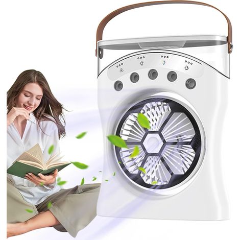 Ventilador recargable con chorro de agua, luz, rotación de 180 grados y 3 velocidades, color blanco. (1/5)