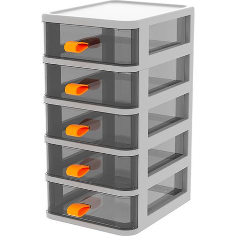 Transparente Aufbewahrungsbox für den Schreibtisch mit Schublade, 5 Fächer, weiß, 13,4 x 17 x 28 cm, mit orangefarbenem Griff (1/5)