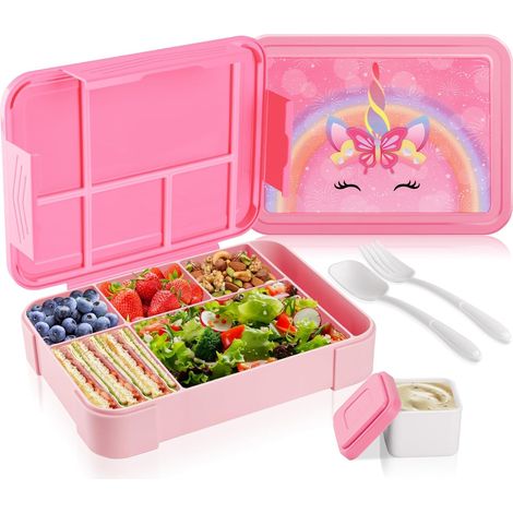 Lunch Box, Bento Lunch Box Enfant 1330ml avec 6 Compartiments, Boîte à Gouter Enfant avec Couverts, Lunchbox Micro-Ondable,Sans BPA et Compatible au Lave-Vaisselle (Licorne rose) (1/5)