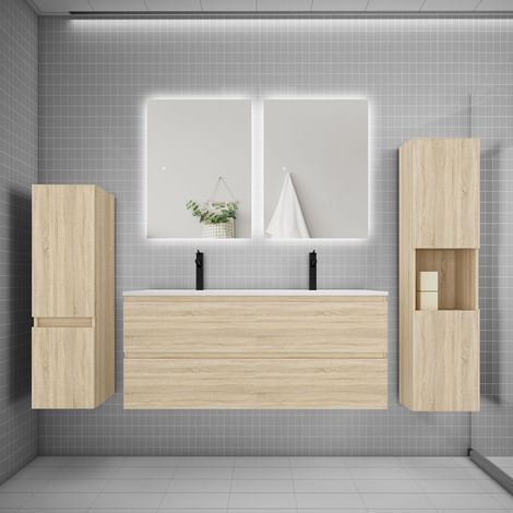 Ensemble meuble chêne et lavabo L.120cm 2 tiroirs + colonne2 haut + lavabo + miroir 80x60cm2-suspendu
