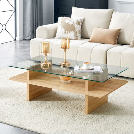 Mesa de centro de MDF efecto madera y vidrio templado, 2 niveles, color madera (1/5)