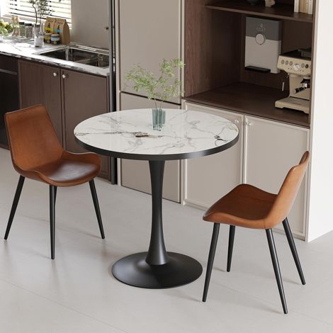 Table à Manger Ronde Marbre: Ø80cm Petit Table de Cuisine Blanc Moderne pour 2-3 Personnes, Plateau en Pierre Frittée Pieds en Métal, pour Maison Jardin Extérieur Bistrot, Design Étanche (1/5)