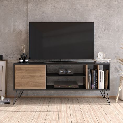 Decorotika Mistico 140 Cm Wide Modern Metal Meuble TV TV Console Meuble TV Media Centre Media Console With Open Shelves And Cabinet - Noir & Walnut (1/4)