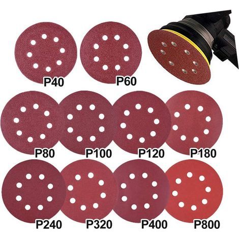 100 pièces papier abrasif ponceuse excentrique 125 mm Velcro, disques de ponçage 8 trous Velcro rond 125 mm pour ponceuse excentrique 20x 40/60/80/120/180 grain par (1/4)