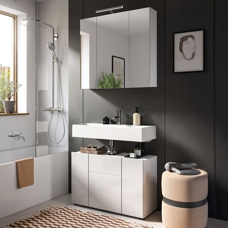 Meuble sous lavabo + grande armoire de toilette blanc brillant - VARKA