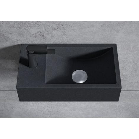 BERNSTEIN - Lavabo mural mineral fundido - 44x22x10cm - BA18 - Con desagüe, Sin tapa, Almacenamiento a la izquierda, Sin consola, Cuarzo negro (1/3)