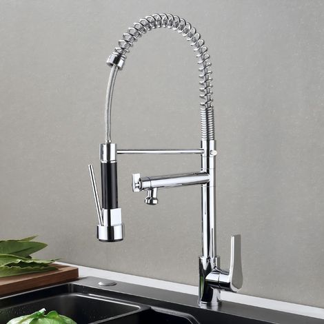 Robinet de cuisine pivotant à 360° Robinet de cuisine à double fonction en acier inoxydable avec ressort Robinet mitigeur de cuisine à haute pression et à ressort pour évier chromé (1/5)