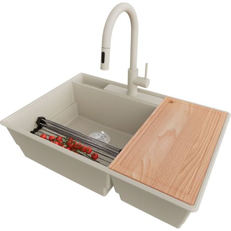 PRIMAGRAN Evier Cuisine en Granit 78x53cm,Lavabo 2 bacs + Robinet 40x20cm + Kit de Vidage + Accessoires, Évier à Encastrer au meuble 80cm - Paris, Beige (1/5)
