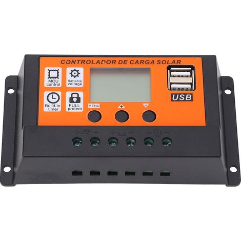 Ortviai Régulateur solaire PWM 10 A orange pour systèmes 12 V / 24 V avec sortie USB 5 V 2 A (1/5)