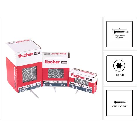 Fischer Power-Fast II 670102-200 viti per truciolato Power-Fast II, 3,5 x 30, Pan Head con stella interna TX filettatura completa, zincate tramite galvanizzazione, blu passivato (1/5)