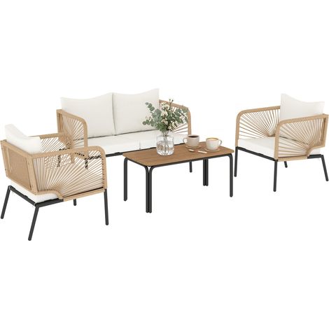 Ensemble de mobilier de jardin, salon de jardin pour 4 personnes, comprenant un canapé 2 places, 2 fauteuils, une table à lattes, un tressage en corde et des coussins d'assise lavables.