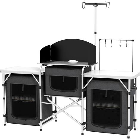 Outsunny Cucina Campeggio Pieghevole a 3 Piani con 5 Ripiani e 4 Ganci Nero
