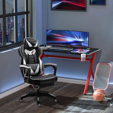Silla Gaming Ergonómica Silla de Escritorio de Oficina Regulable en Altura Reclinable Respaldo con Reposapiés Reposacabezas Cojín Lumbar Ruedas 65x70x118,5-128,5 cm Blanco (1/5)