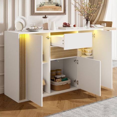 Sideboard 140x40x82 cm aus Spanplatte, Weiß und Naturholz, mit LED, für Wohnzimmer – MEUBLIV (1/5)