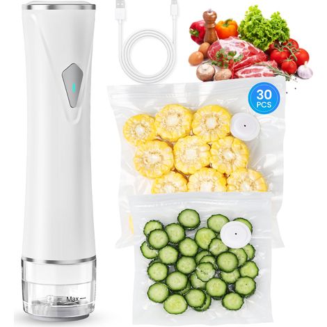 Macchina sottovuoto per alimenti con serbatoio visibile, macchina sottovuoto portatile con 30 sacchetti riutilizzabili per una freschezza 5 volte più lunga, senza fili e portatile, bianca