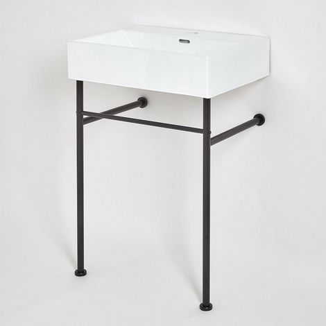 Milano Elswick 605mm x 430mm White Ceramic One Tap Hole Bathroom Basin Sink and Washstand - Black Washstand (1/5)