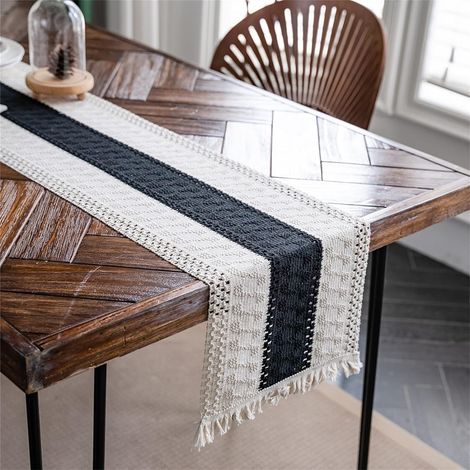 Chemin de table en macramé bohème en coton et lin avec pompons, nappe rectangulaire en dentelle au crochet (1/5)