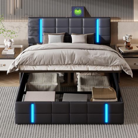 Lit coffre 160x200 cm - lit adulte avec rangement hydraulique, led, ports usb+type-c,sommier à lattes - cuir pu - noir (1/5)