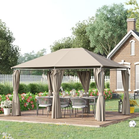 Gazebo de jardin 4x3m avec 6 rideaux amovibles. Structure en métal et toile en polyester beige.