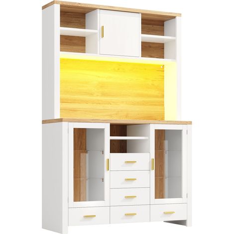 GagaBuffet de cuisine multifonction 120x40x188 cm, style champêtre, 4 portes, éclairage LED, 6 tiroirs, blanc et aspect bois (1/5)