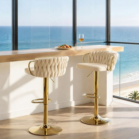 DESMIU Tabouret de bar Lot de 2 pivotant 360° hauteur réglable avec dossier, accoudoirs, en Velours Crème Blanc (1/4)