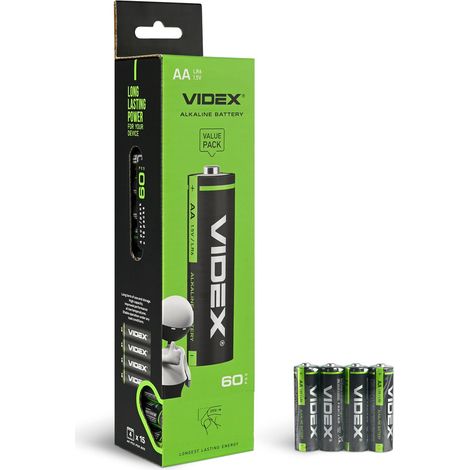 Lot de 4 piles alcalines puissantes et économiques Videx AA LR6 1,5 V 2600 mAh (1/2)