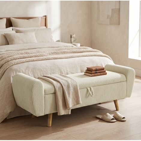 Banc de rangement 150 cm avec accoudoirs, assise 2 places, coffre intégré, pieds en bois, beige (1/5)