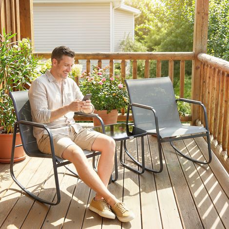 Set da giardino composto da 3 pezzi: 2 sedie a dondolo, tavolo con piano in vetro e struttura in acciaio per patio, colore grigio. (1/5)