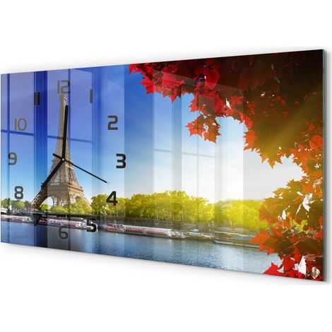 Horloge Murale Bureau 60x30 cm Verre Trempé Silencieuse Moderne Tour Eiffel, Paris (1/5)
