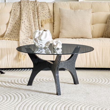 Mesa de centro redonda 80x80x42.2 cm, resistente al calor y a los arañazos, vidrio y MDF negro (1/5)