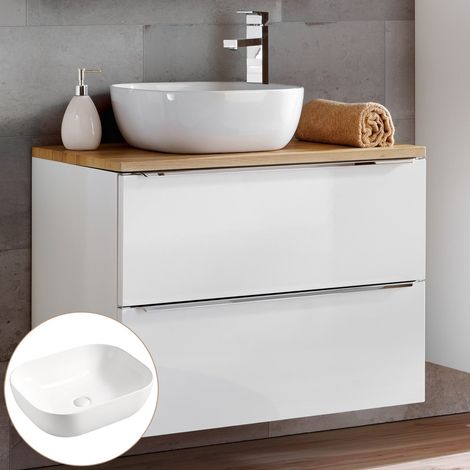 Waschtischunterschrank 80cm mit 50cm Keramikbecken TOSKANA-56, in Wotaneiche & Hochglanz weiß, B/H/T ca. 81/74,5/46 cm (1/5)
