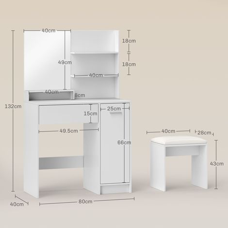 Coiffeuse blanche avec miroir, tabouret, tiroirs, armoires et étagères en bois (1/5)