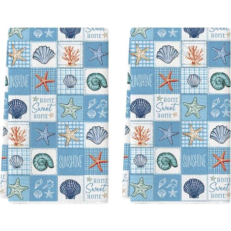 Lot de 2 torchons de cuisine d'été en forme de coquillages, étoile de mer, corail, 42 x 65 cm, pour décoration de printemps, serviettes en polyester (1/5)