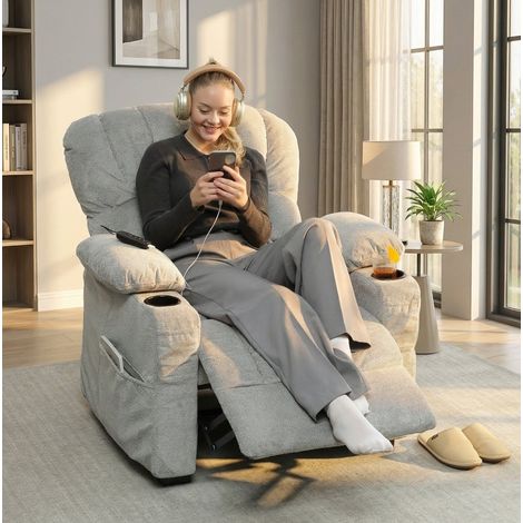 Sofá relax eléctrico reclinable 150°, 2 posiciones de memoria, USB, portavasos, poliéster gris (1/5)