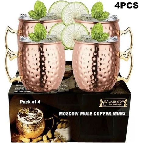 Lot de 4 verres à cocktail Moscow Mule d'environ 500 ml, verres à cocktail en cuivre Moscow Mule, boisson froide (1/4)