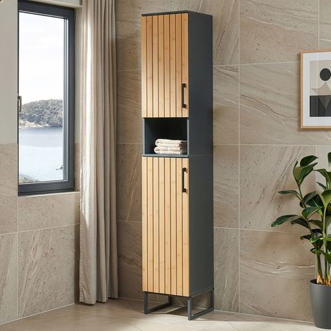 Mueble de baño alto Svanes 6 compartimentos 170x30x30cm - Gris oscuro/Bambú [en.casa] (1/5)
