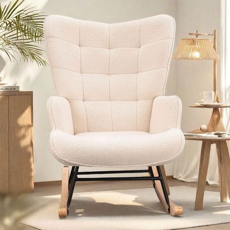 Schaukelstuhl - Stoff Beige - Beine aus Massivholz - Skandinavischer Stil - 75x68x92 cm - Hoher Rücken und Sitz