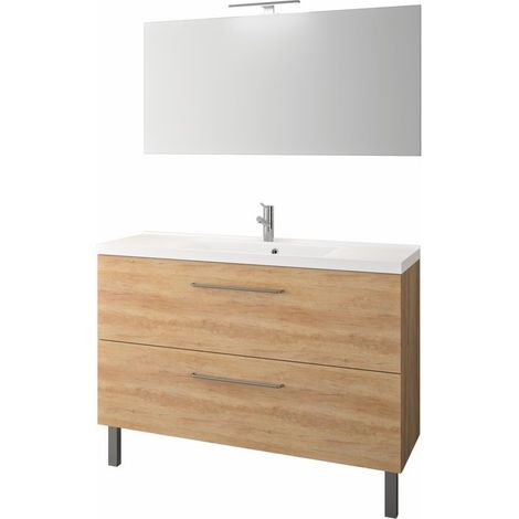 Carea Cuisine & Bain – Plan vasque LUNEA 120 cm – Minéral composite blanc – 1 trou robinetterie – Meuble 2 tiroirs avec amortisseurs – Miroir applique LED inclus