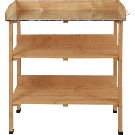 Table rempotage 2 étagères 3 crochets outils jardinage plateau tôle acier galvanisé rebord plantation bois sapin pré-huilé