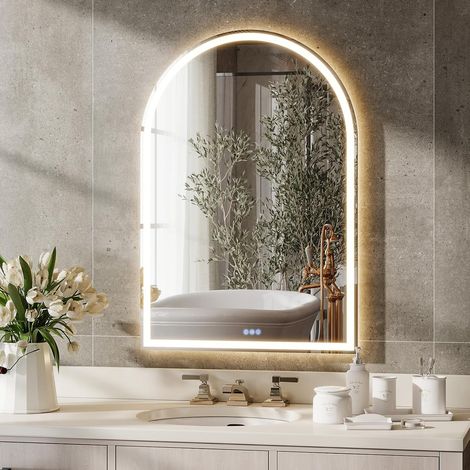 75 x 50 cm Miroir de salle de bain LED avec rétroéclairage, miroir cosmétique bombé avec fonction anti-buée, à intensité réglable, trois couleurs de lumière, fonction mémoire, verre trempé (1/5)