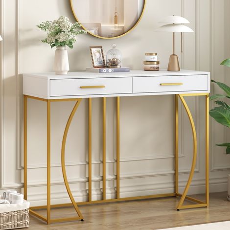 Console d'entrée élégante avec 2 tiroirs et plateau luxe, table de couloir design moderne pour salon et canapé, dimensions 120x38x76 cm, blanc et doré (1/5)