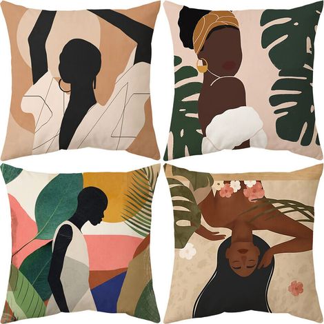 Lntyq Boho Housses de Coussin 45x45 cm, Lot de 4 Art Abstrait Moderne Fille Feuilles Soleil canapé Housses de Coussin décoratives Lavable Lin Textile Taie d'oreiller