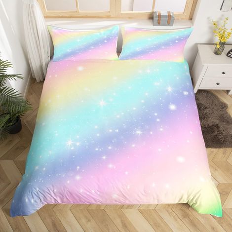 Filles Arc-en-Ciel Housse de Couette 140x200cm Mignon Rayures colorées Literie Set 2 pièces Glitter Ombre Parure de Lit avec 1 taie d'oreiller pour Enfants Décor de Chambre (1/5)