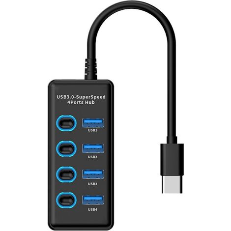 Hub USB 3.0 multiport avec interrupteur séparé et voyants LED, hub alimenté à 4 ports USB pour transfert de données et charge rapides. (1/5)