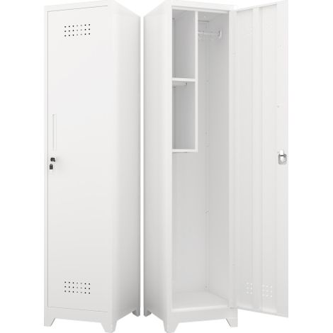 Armoire de rangement métallique élégante et compacte en blanc avec porte à verrou, étagères et barre suspendue, organisateur pratique de 165 cm pour cuisine, cuisine de garage, bureau, atelier ou gara (1/5)